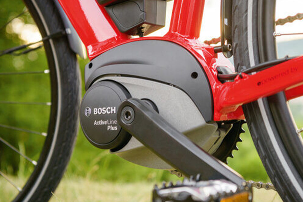 Close up image of a red e-bike