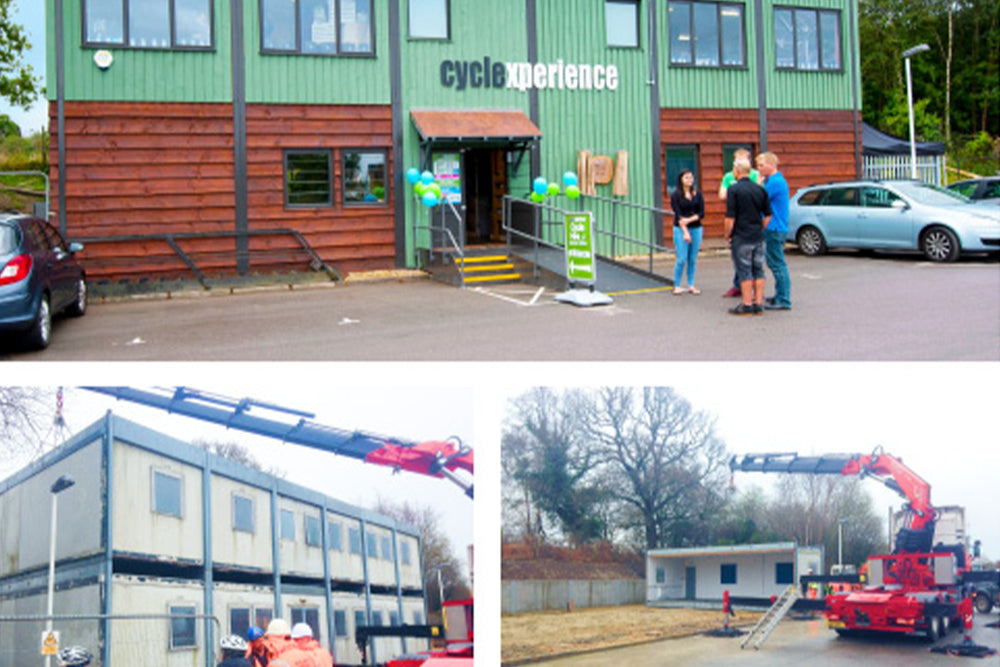 Collage of images showing a building with 'cyclexperience' branding, people outside, and construction site with cranes.