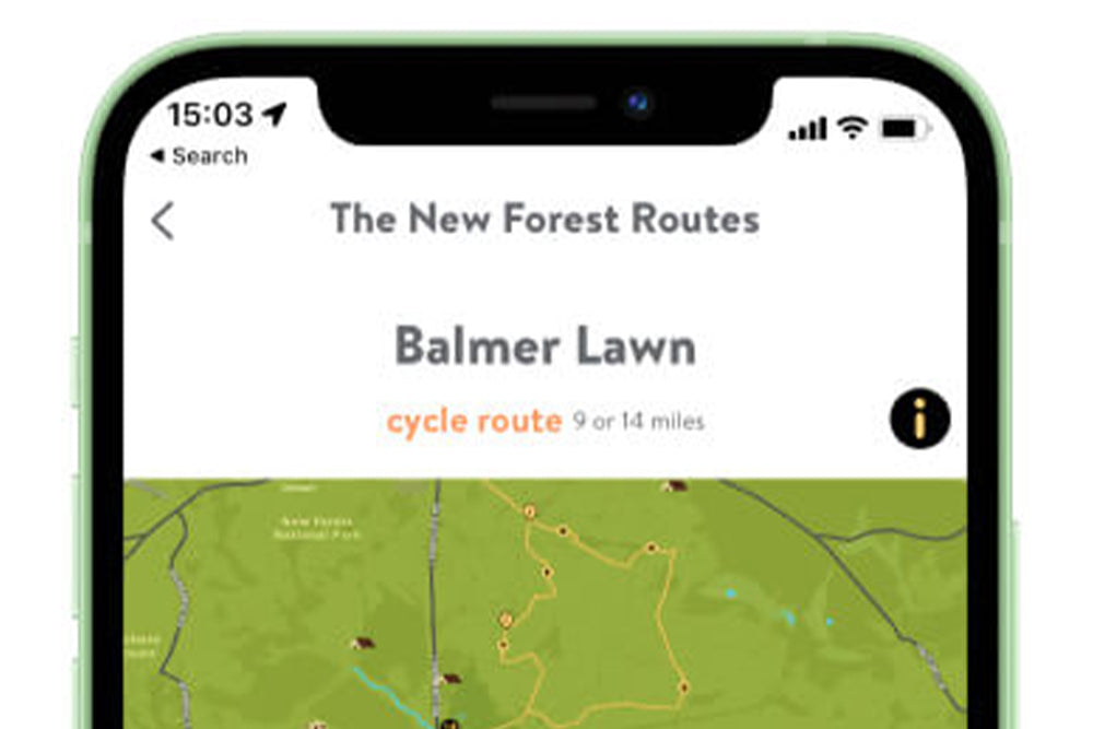 Phone displaying a map application with 'The New Forest Routes' on a green background