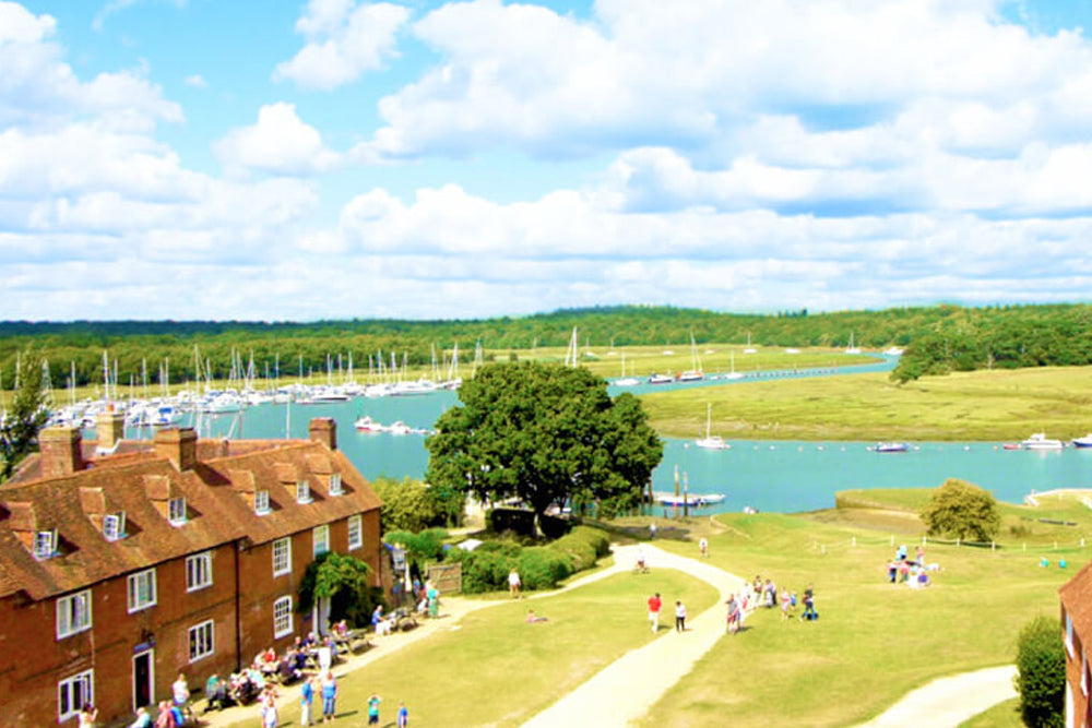 Scenic view of a marina with boats, a house, and people on a grassy area under a blue sky.