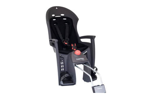 A black and grey bike child seat with a black harness, red release button, and silver metal mounting frame, shown on a plain white background.