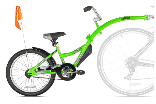 A bright lime bicycle tag with small orange flag on the rear wheel, shown against a white background.
