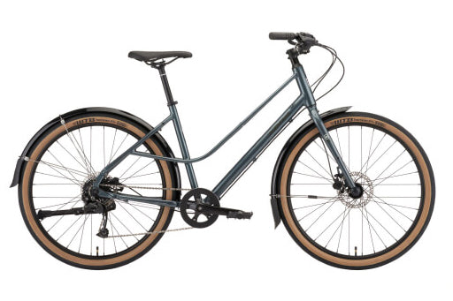 Grey comfort bicycle with brown tires on a white background
