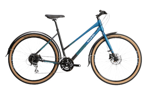 A blue bicycle with tan sidewall tires, black fenders, and a black saddle, shown from a side profile on a white background.