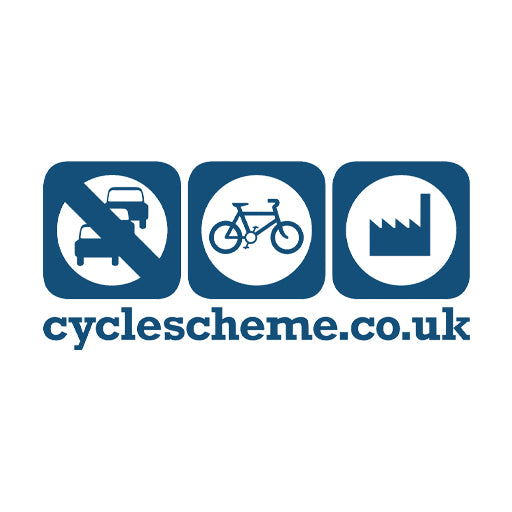 Blue and white graphic showing three square icons: a crossed-out car, a bicycle, and a factory, with the text 'cyclescheme.co.uk'