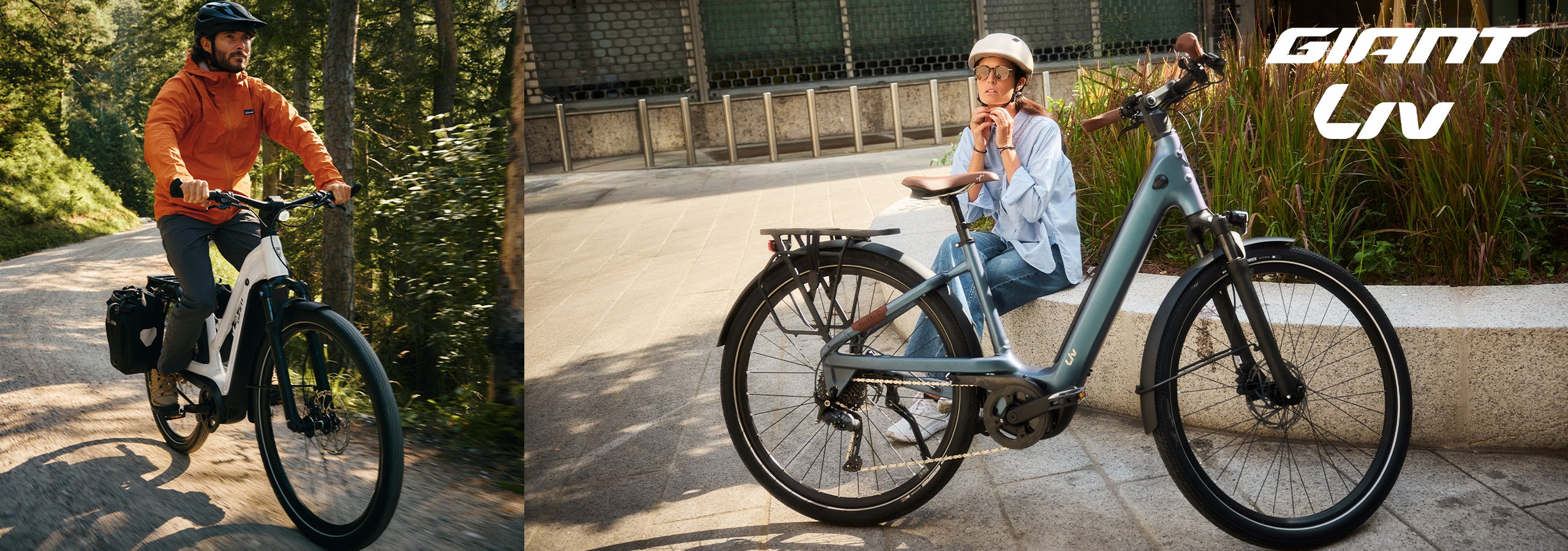 A split promotional image for Giant and Liv electric bicycles. The left panel shows a man riding the black and white e-bike on a forest path wearing an orange jacket.