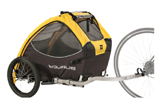 A bicycle trailer with a yellow and black mesh canopy, shown attached to a bicycle wheel against a plain white background.