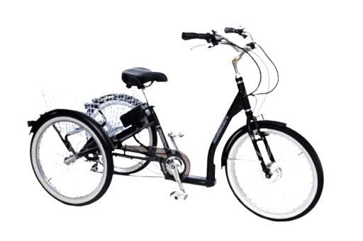 A black step-through tricycle bicycle, shown against a plain white background.