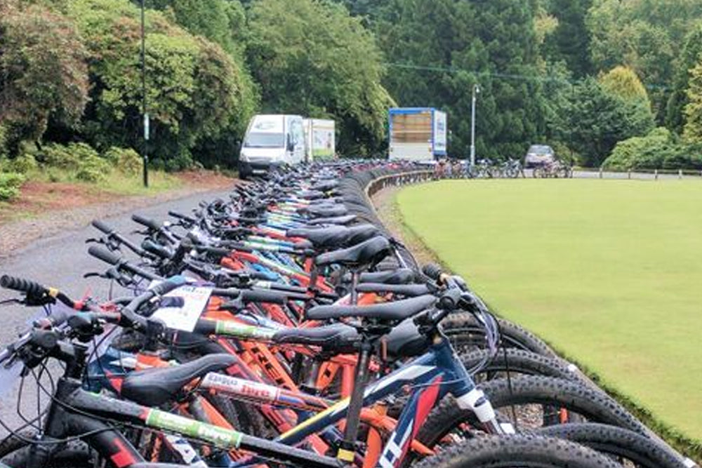 A long row of colorful mountain bikes parked along the edge of a grassy field next to a road with trees and trucks in the background.