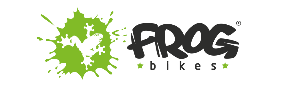 Logo of FROG bikes with a green splash design on a white background