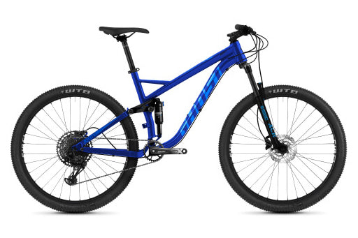 A blue full-suspension mountain bike with black components, shown from a side profile on a white background. 
