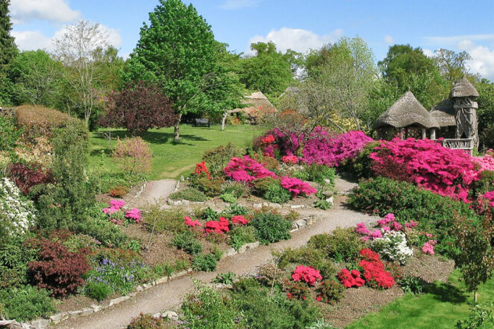 Gardens with colorful flowers and a gazebo on a sunny day