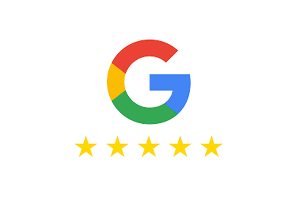 A multicolored Google-style 'G' logo centered on a white background, with five yellow stars underneath.