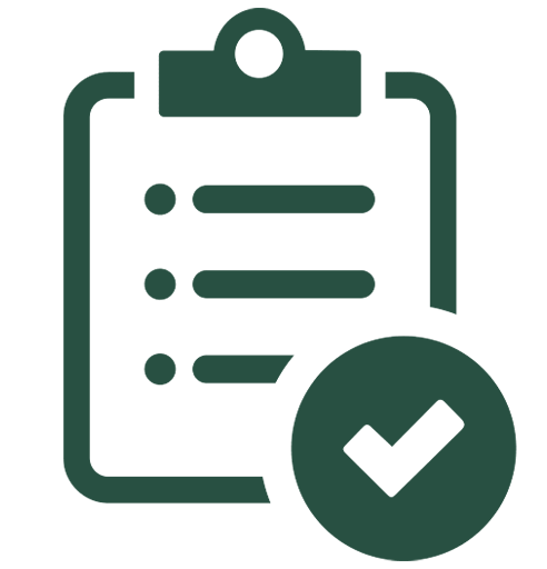 Green icon of a clipboard with a check mark on a white background