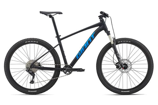 Black off road bicycle with blue Giant branding on a white background