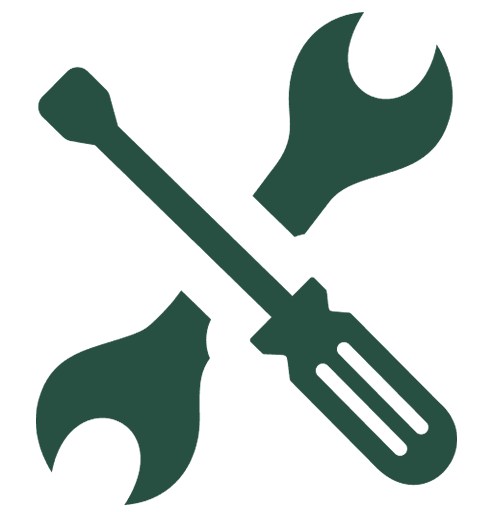 Green wrench and screwdriver crossed over each other on a white background