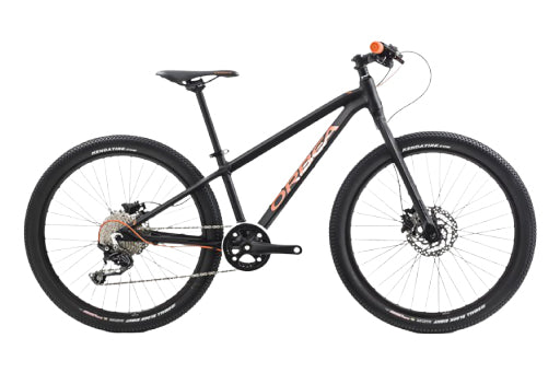 A black bike with orange branding and small orange accents, shown from a side profile on a solid white background.