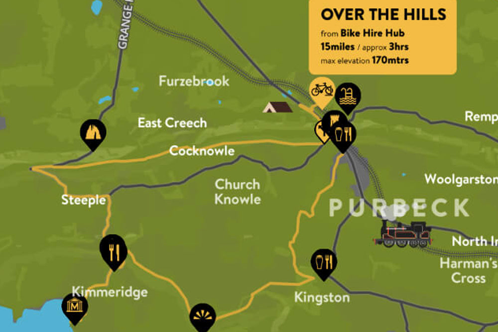 Map of Purbeck area with cycling routes and points of interest