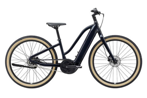 A step-through electric bicycle in matte black with beige tires, shown from a side profile on a solid white background.