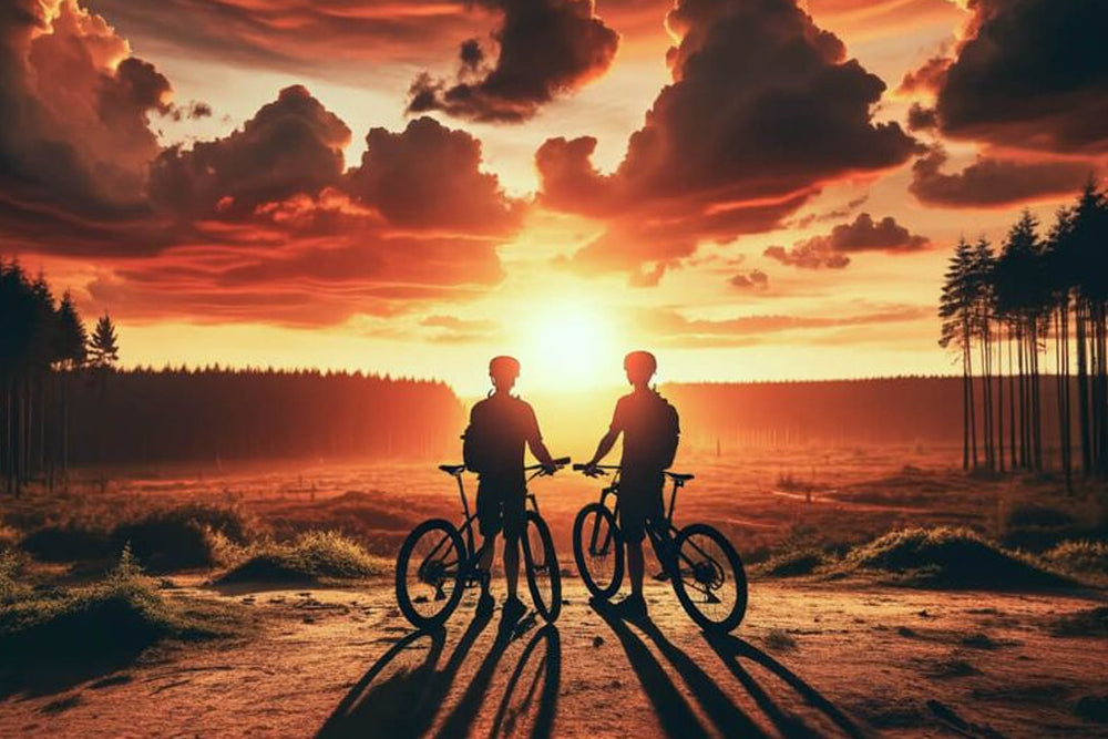 two people on bikes looking over a forest sunset