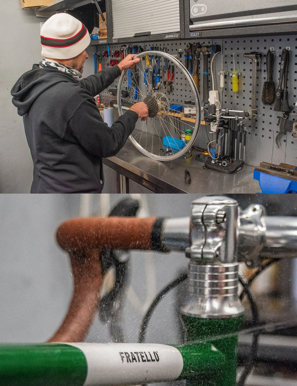 Bike workshop with a technician working on a bicycle wheel