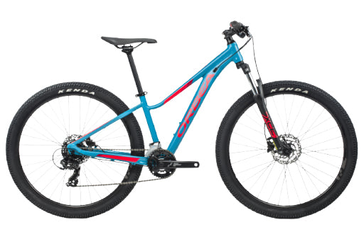 A  mountain bike with a vibrant blue frame accented by red graphics, shown against a solid white background.